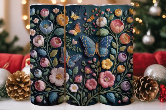 Embroidered Floral Butterfly Tumbler
