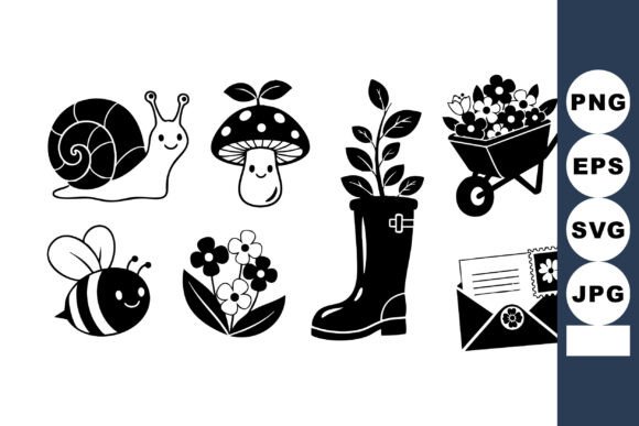 Garden Icons Set with Snail Mushroom Bee