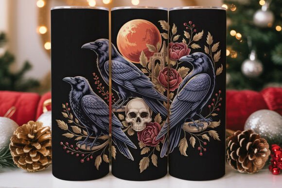 Gothic Raven Floral Skull 20oz Tumbler