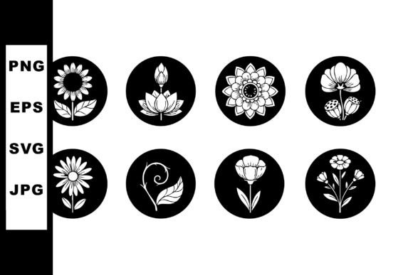 Set of Eight Simple Black and White Flor