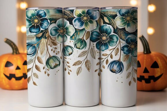 Teal Blue Gold Floral 20oz Tumbler